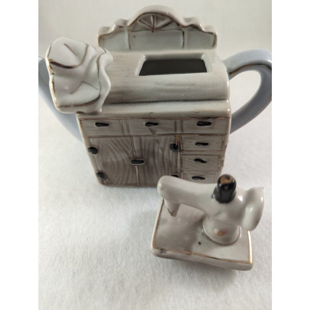 China Porcelain Decor Sewing Trinket Box Teapot.Size 4" X6" X 2.5"Beige/Blue